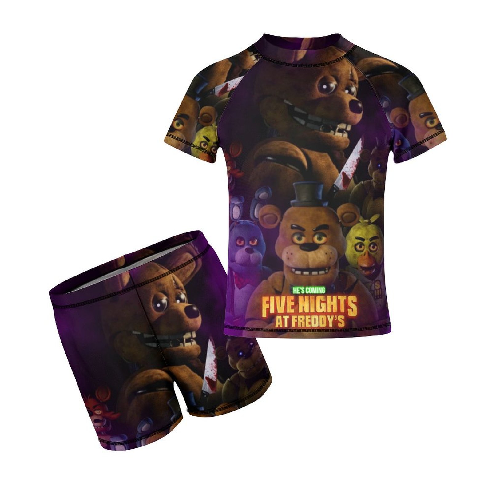 Five Nights at Freddy's Boys 2-Piece Swimsuit Set, Short Sleeve Rash Guard \u0026 Swim Trunks